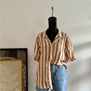 Madewell Tan and White Striped Casual Shirt 100% Linen - Men’s Size M